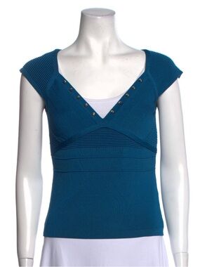 Versace Collection Teal V-Neck Short Sleeve Studded Top IT40